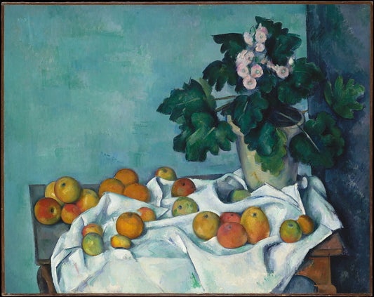 Paul Cézanne’s still life painting with apples and a flower pot on a draped table — early 20th century, from the Metropolitan Museum of Art
