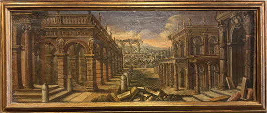 Full view of an 18th-century Italian oil painting depicting classical ruins in a gilt wood frame