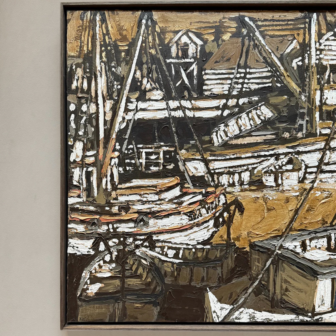 Acrylic marina scene painting with boats and structures in brown, black, and white, USA, circa 1970