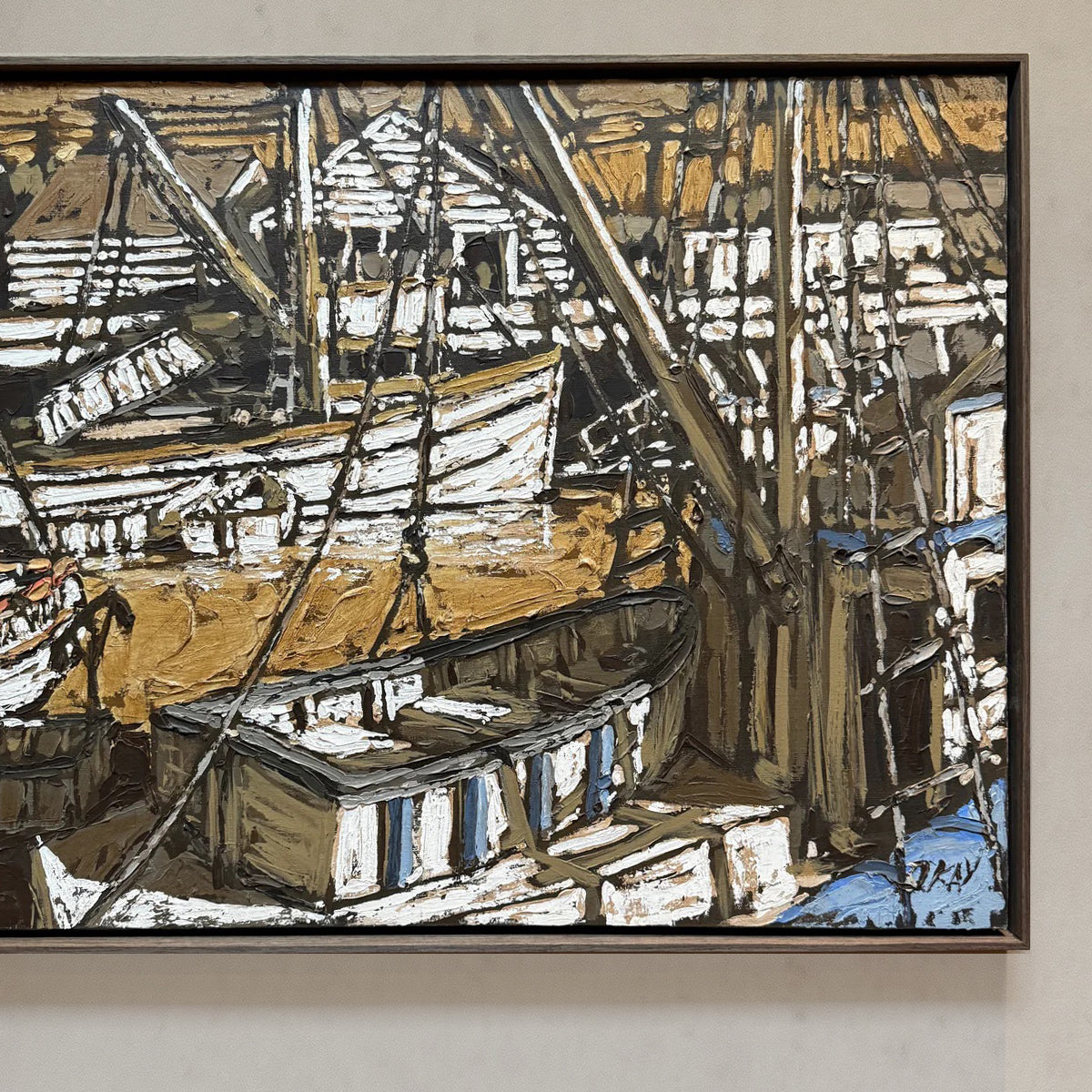 Acrylic marina scene painting with boats and structures in brown, black, and white, USA, circa 1970