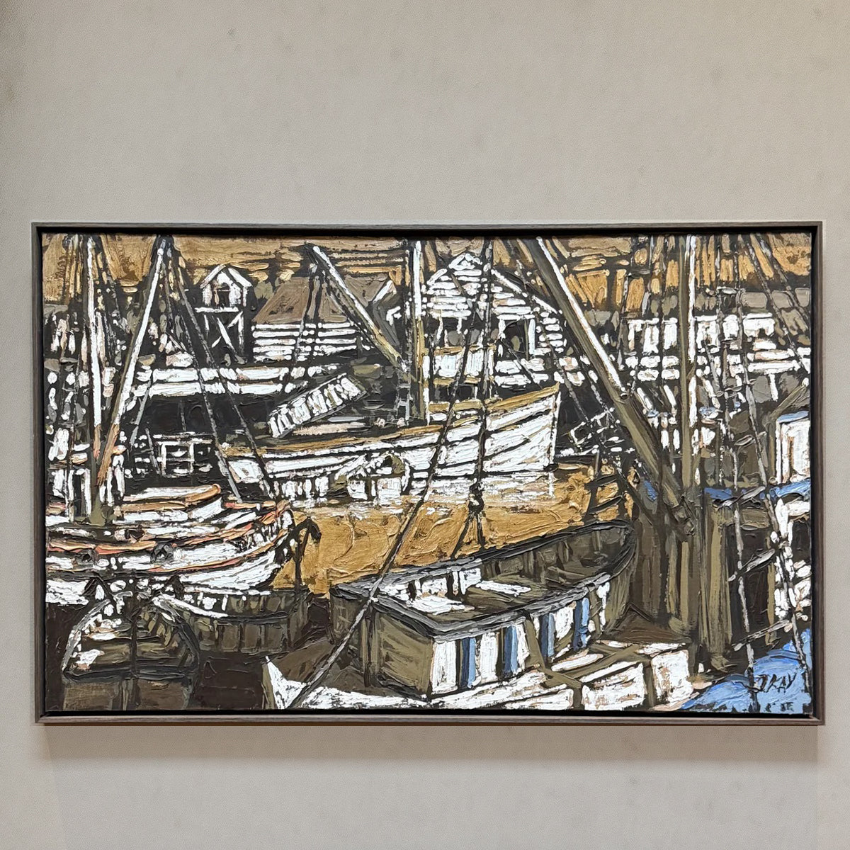 Acrylic marina scene painting with boats and structures in brown, black, and white, USA, circa 1970
