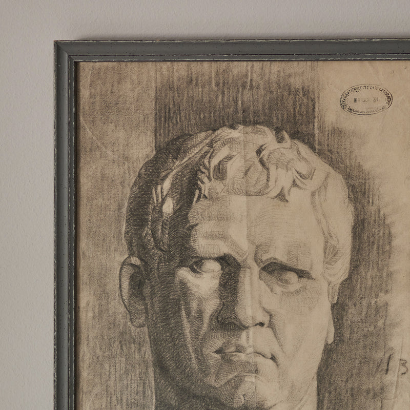 Charcoal Drawing of Roman Bust by Fauquet – French Academic, 19th Century