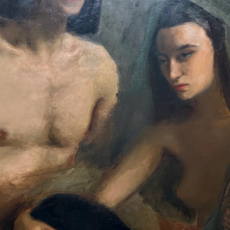 Large 1940 Belgian oil painting of man and woman seated in shadows, woman