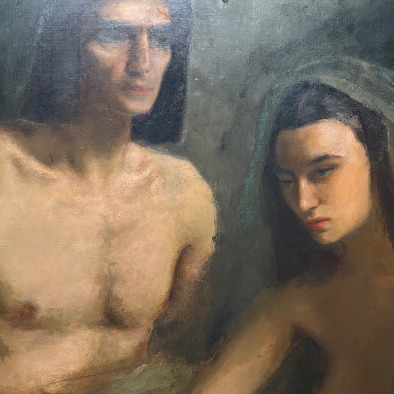 Large 1940 Belgian oil painting of man and woman seated in shadows, man