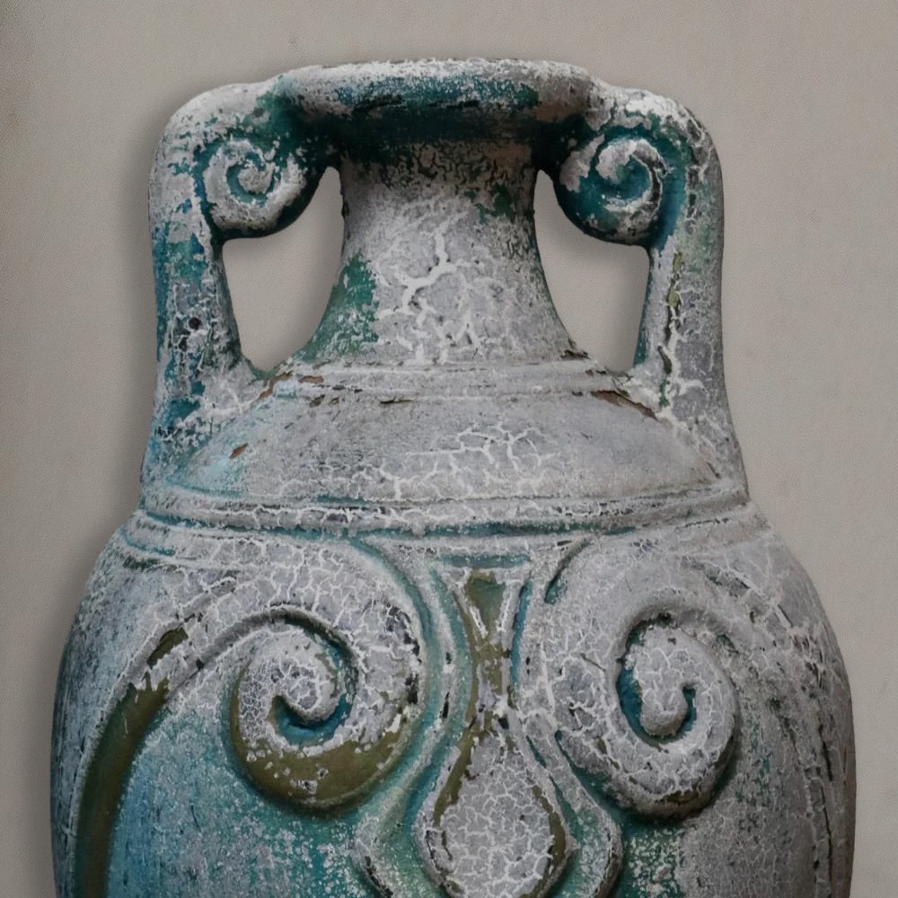 Mexican terracotta vessel with spiral handles and aged verdigris patina, circa 1980