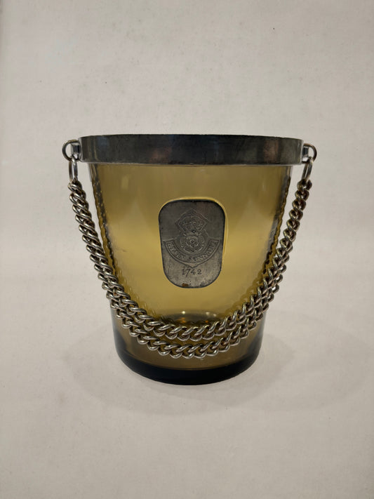 Amber glass ice bucket with pewter medallion and chain, England, 1950s