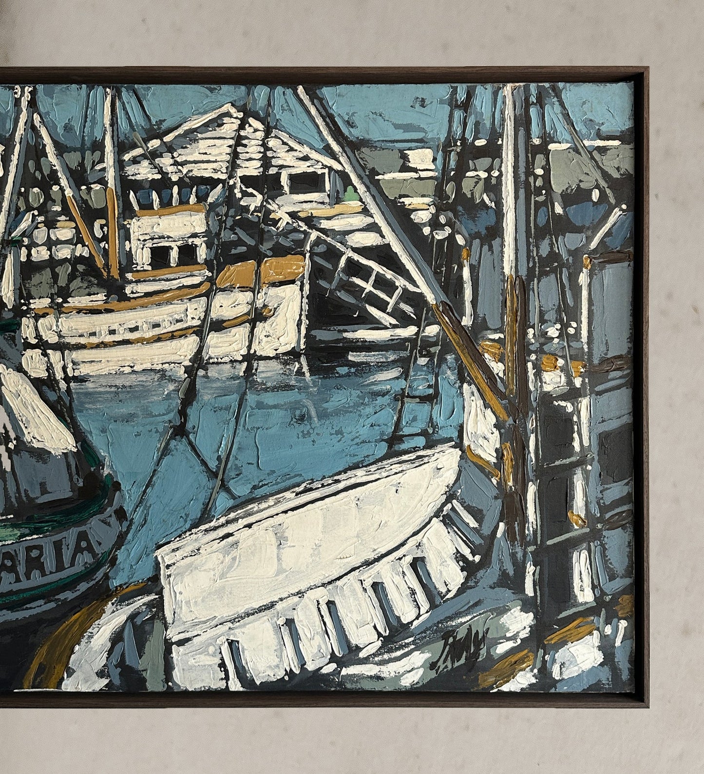 Acrylic painting of marina scene with boats, rigging, and bold strokes, signed lower right, circa 1970, detail