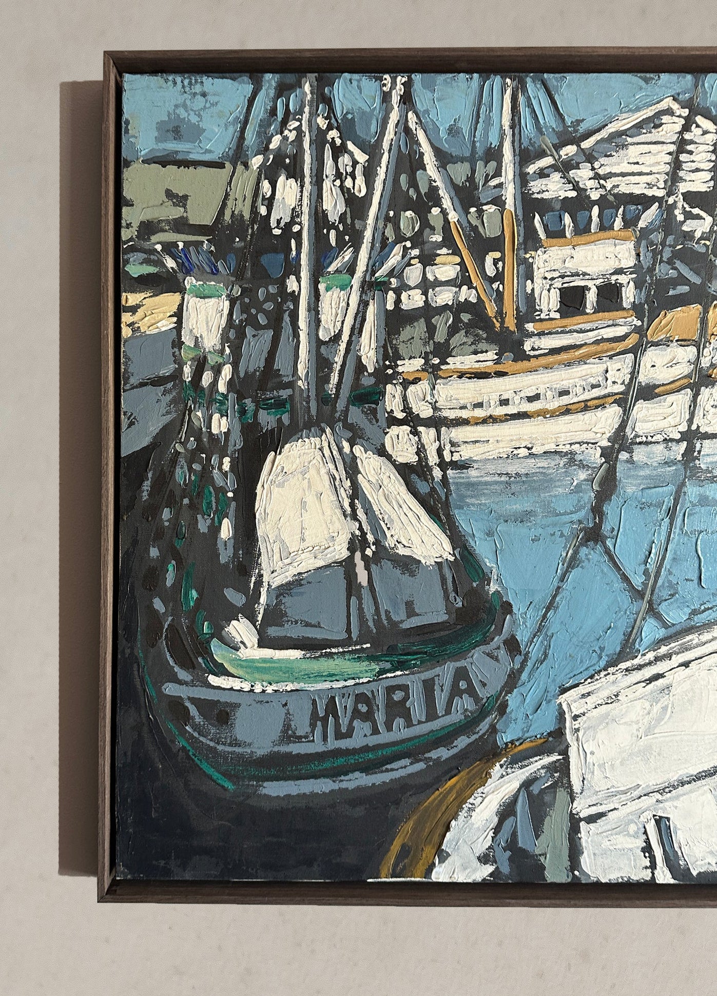 Acrylic painting of marina scene with boats, rigging, and bold strokes, signed lower right, circa 1970, maria detail