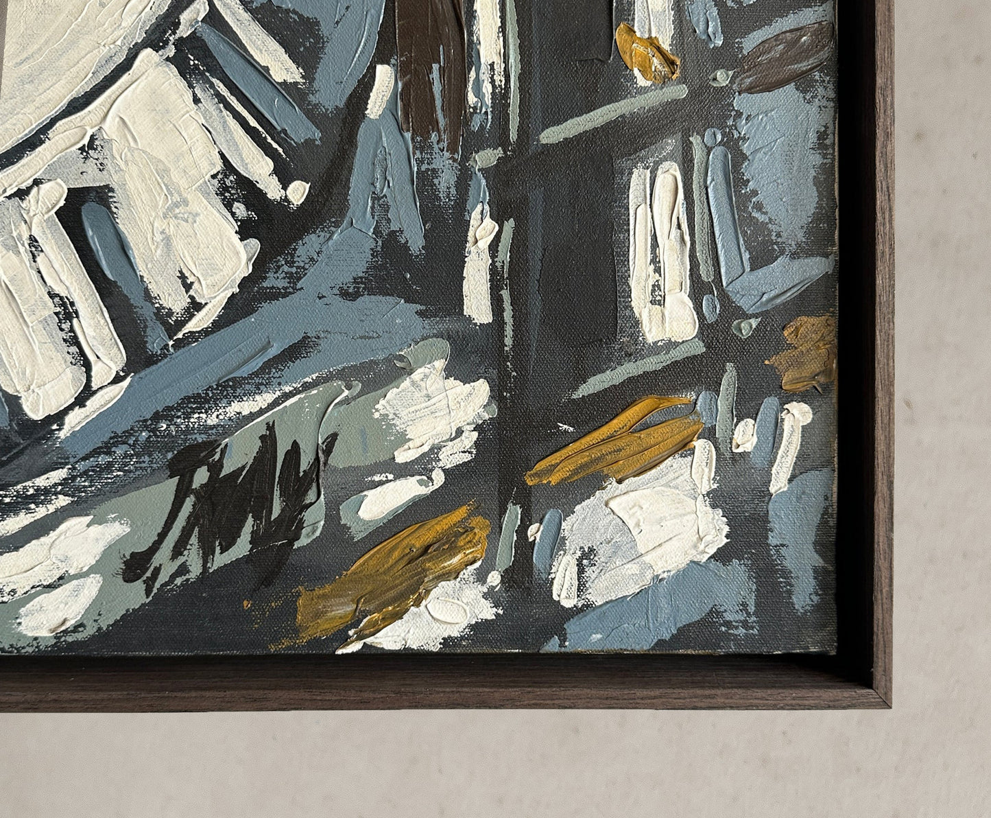 Acrylic painting of marina scene with boats, rigging, and bold strokes, signed lower right, circa 1970, signature