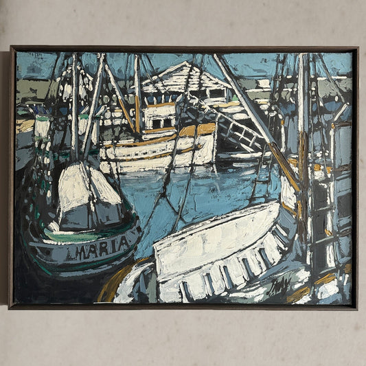 Acrylic painting of marina scene with boats, rigging, and bold strokes, signed lower right, circa 1970