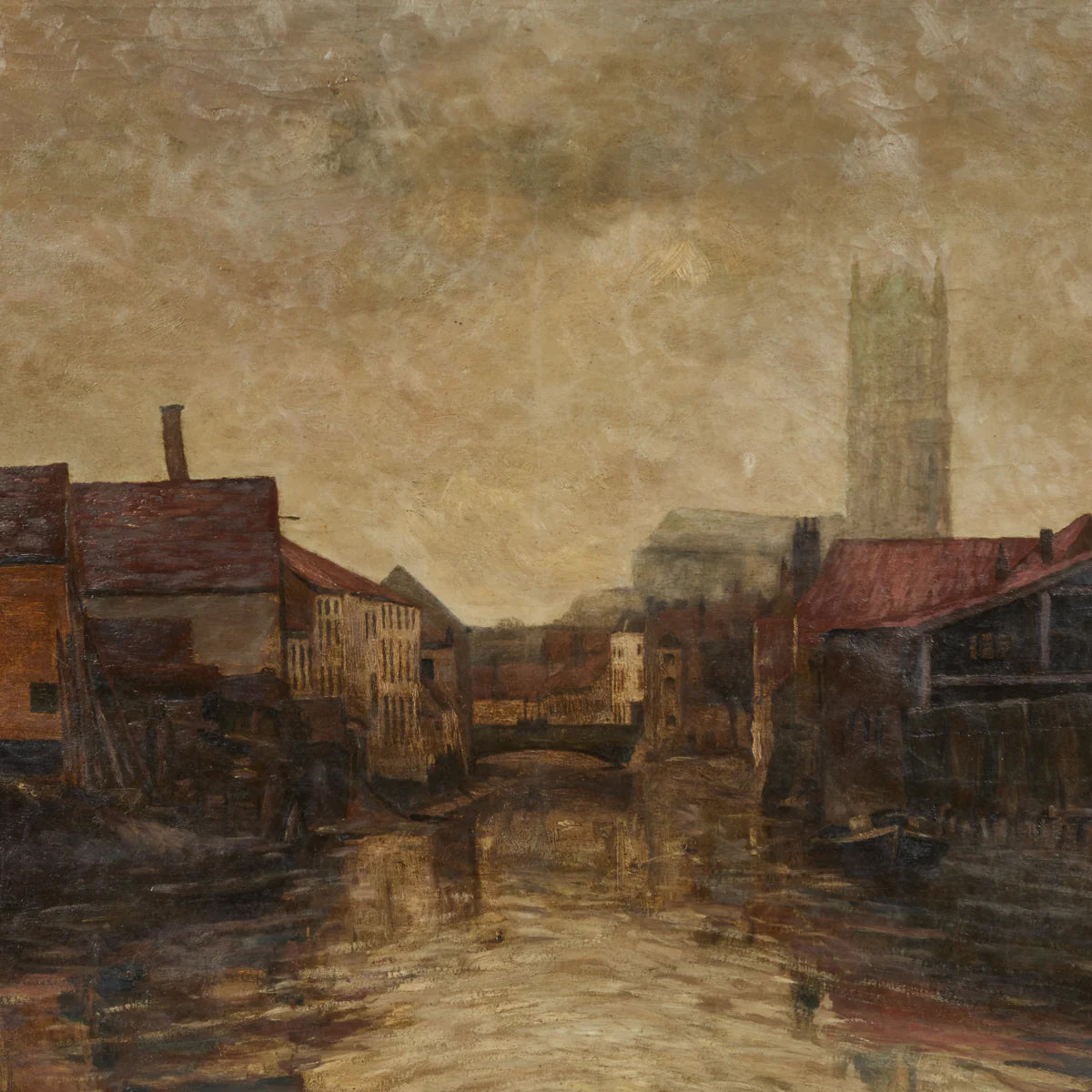 Antique Belgian canal painting with view of Bruges cathedral and muted architecture, circa 1890, detail