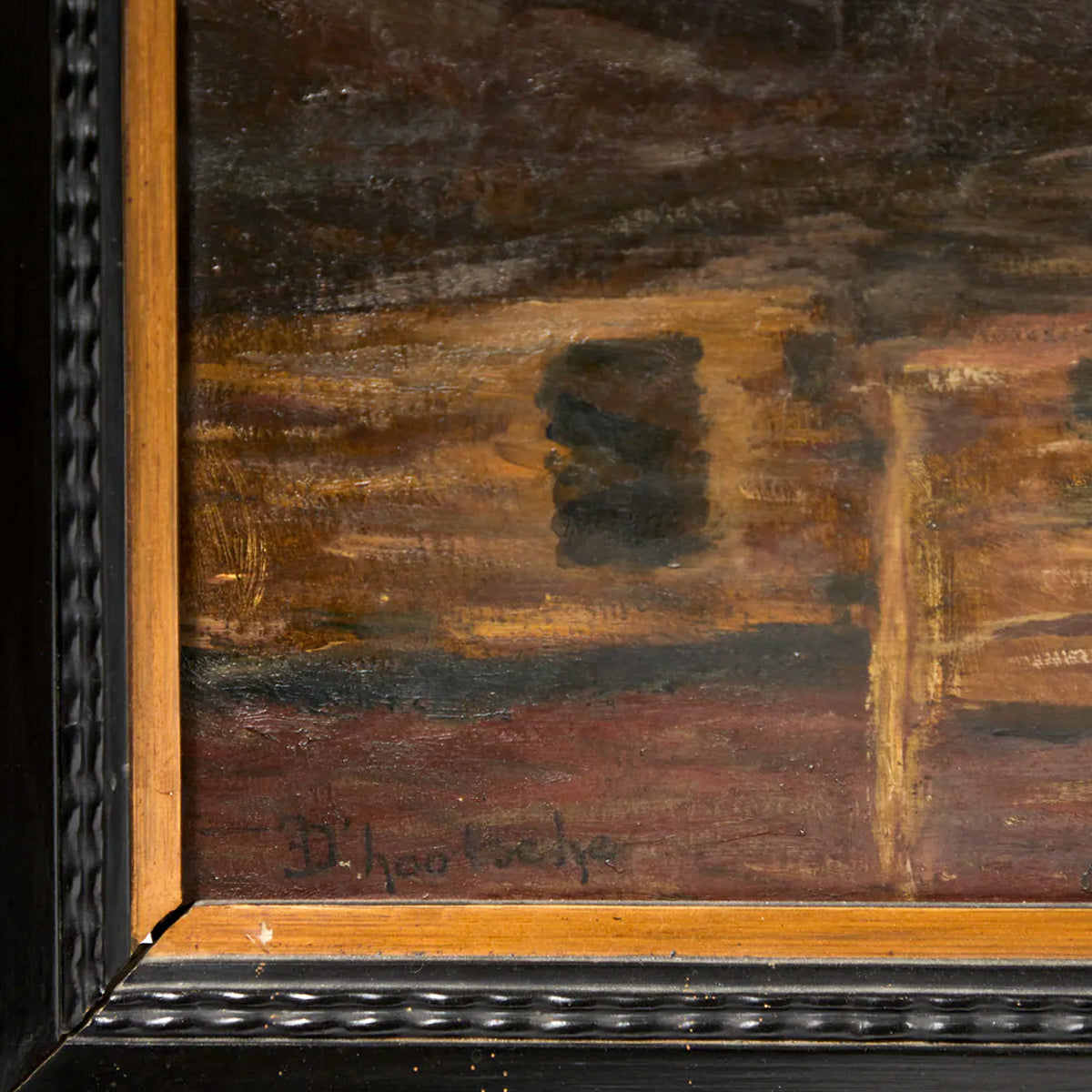 Antique Belgian canal painting with view of Bruges cathedral and muted architecture, circa 1890, signed