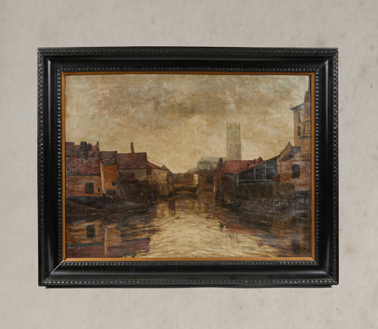 Antique Belgian canal painting with view of Bruges cathedral and muted architecture, circa 1890, on wall