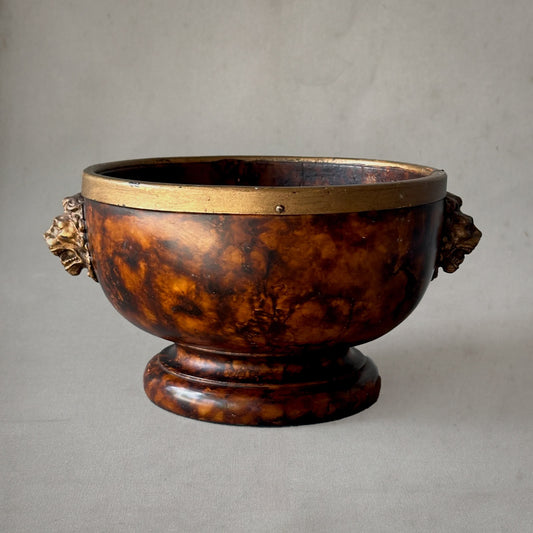 19th-century English faux tortoiseshell bowl with brass rim and lion head handles