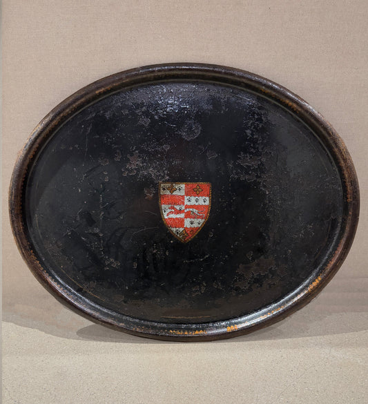 Antique English black tole tray with hand-painted heraldic crest, circa 1880