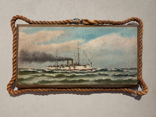 Oil painting of steam-powered warship at sea with rope frame, early 20th century, on wall