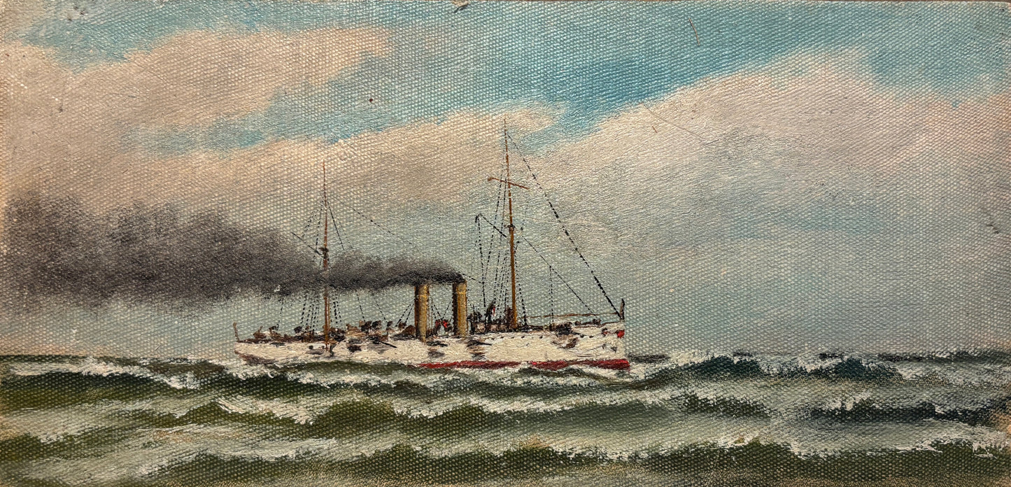 Oil painting of steam-powered warship at sea with rope frame, early 20th century, detail