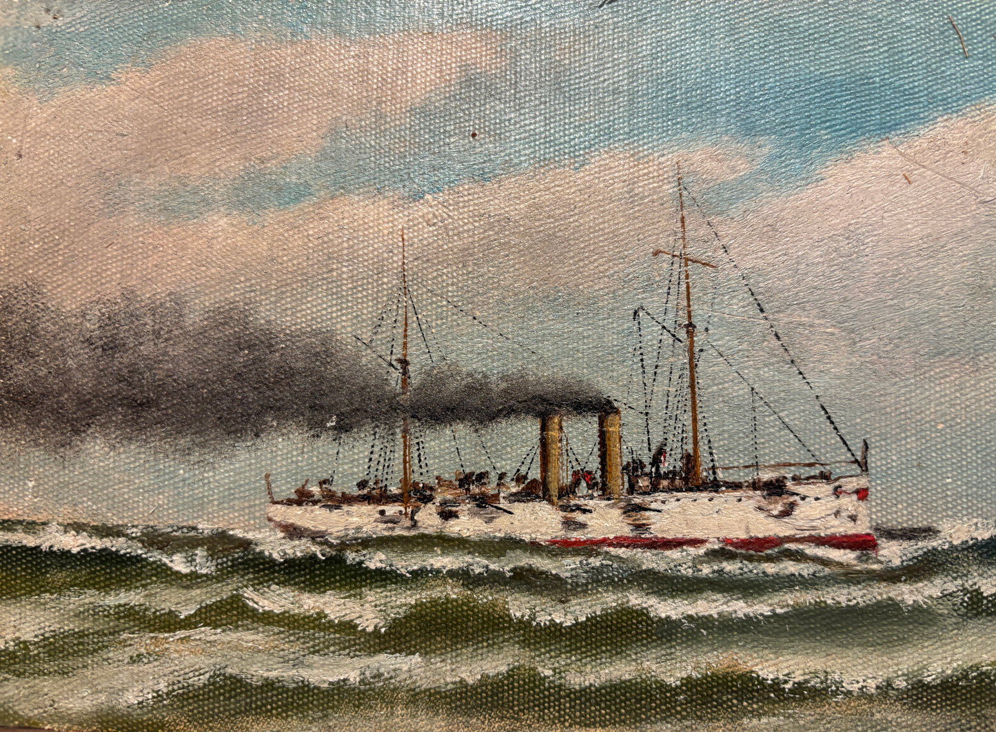 Oil painting of steam-powered warship at sea with rope frame, early 20th century, close up