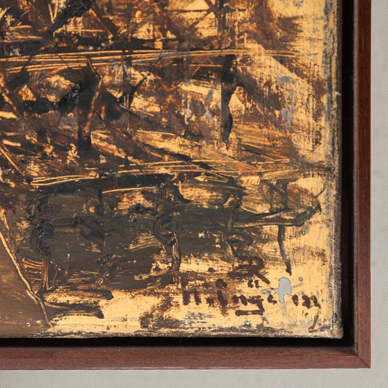 Abstract oil painting of Antwerp harbor with smokestacks, bridges, and steeples in ochre and gray tones, signed