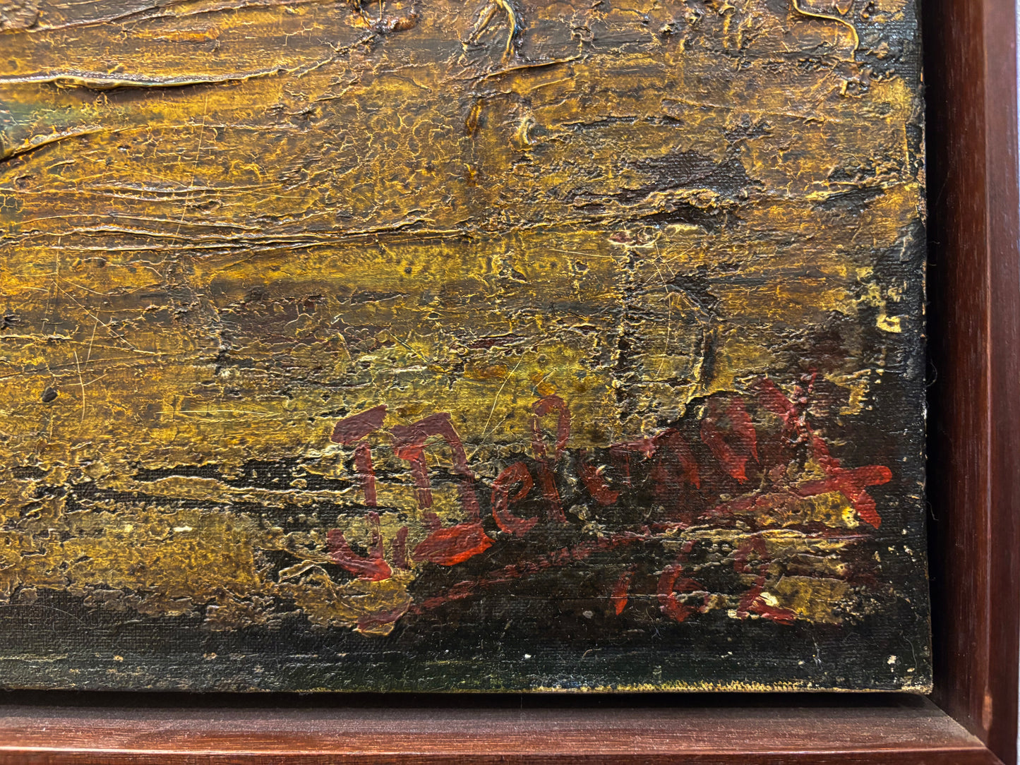 Large vintage oil painting of Antwerp harbor with ships and cranes, in neutral brown tones, signature