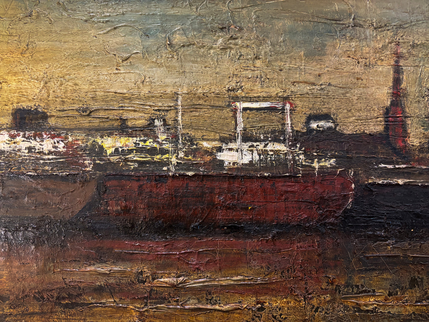 Large vintage oil painting of Antwerp harbor with ships and cranes, in neutral brown tones, close up