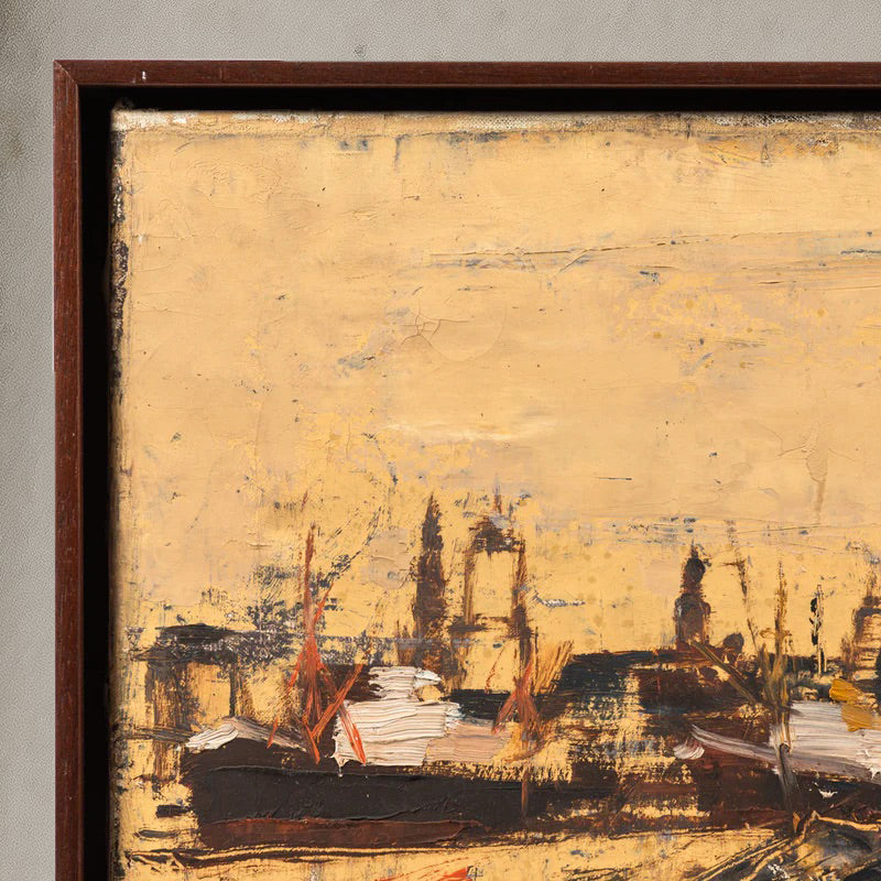 Abstract oil painting of Antwerp harbor with smokestacks, bridges, and steeples in ochre and gray tones, close up