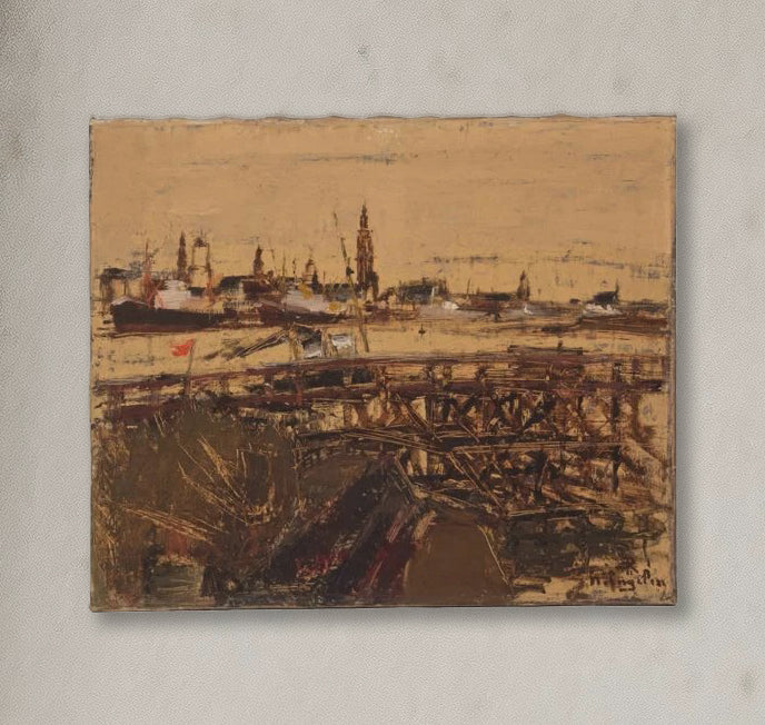 Abstract oil painting of Antwerp harbor with smokestacks, bridges, and steeples in ochre and gray tones