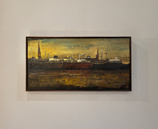 Large Industrial Harbor Scene, Oil on Canvas