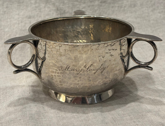 Hammered silver bowl with double handles and engraved name "Mary Langley", Arts and Crafts period, mary langley detail