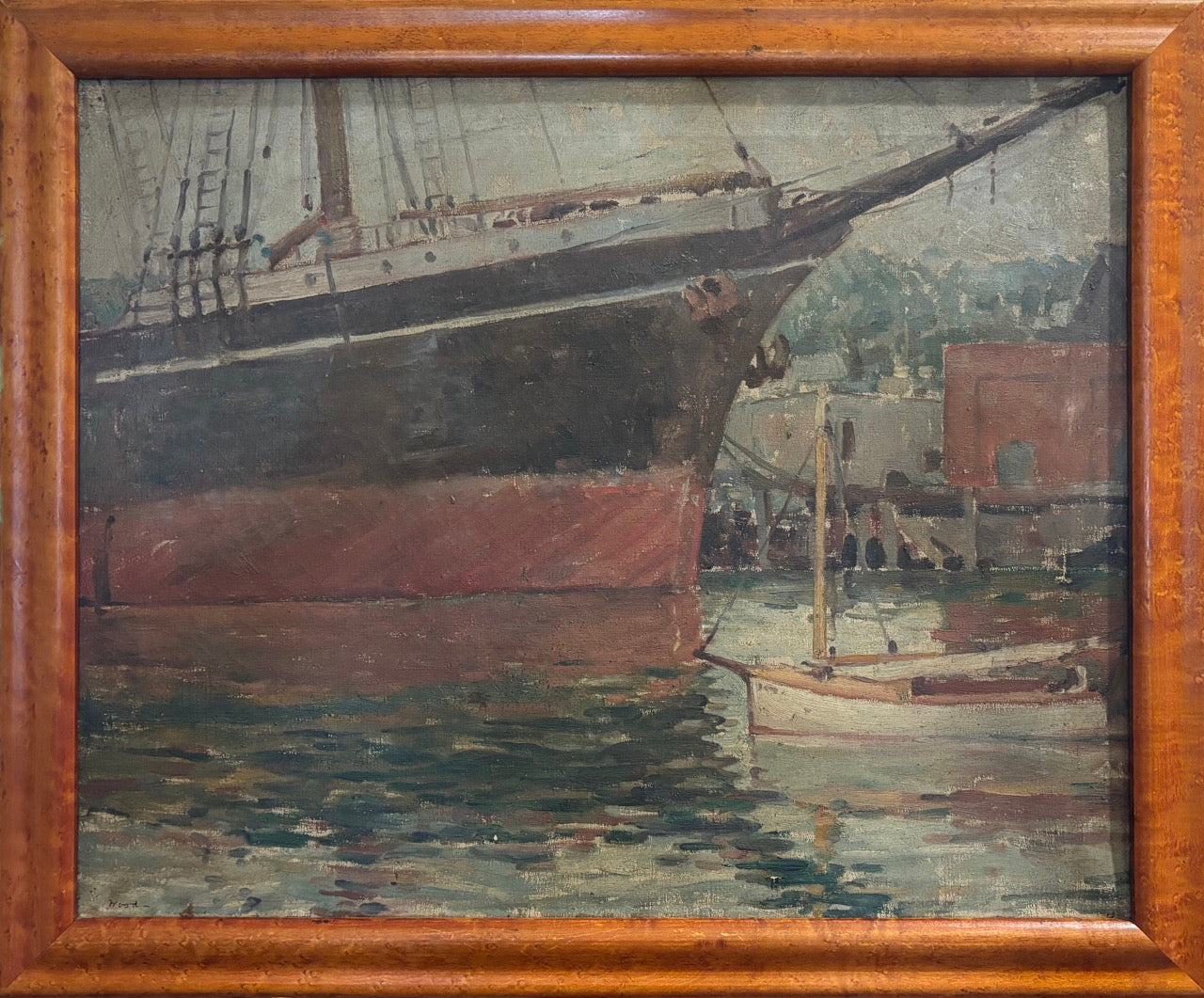 Oil painting of the tall ship Balclutha in San Francisco Bay, signed "Wood"