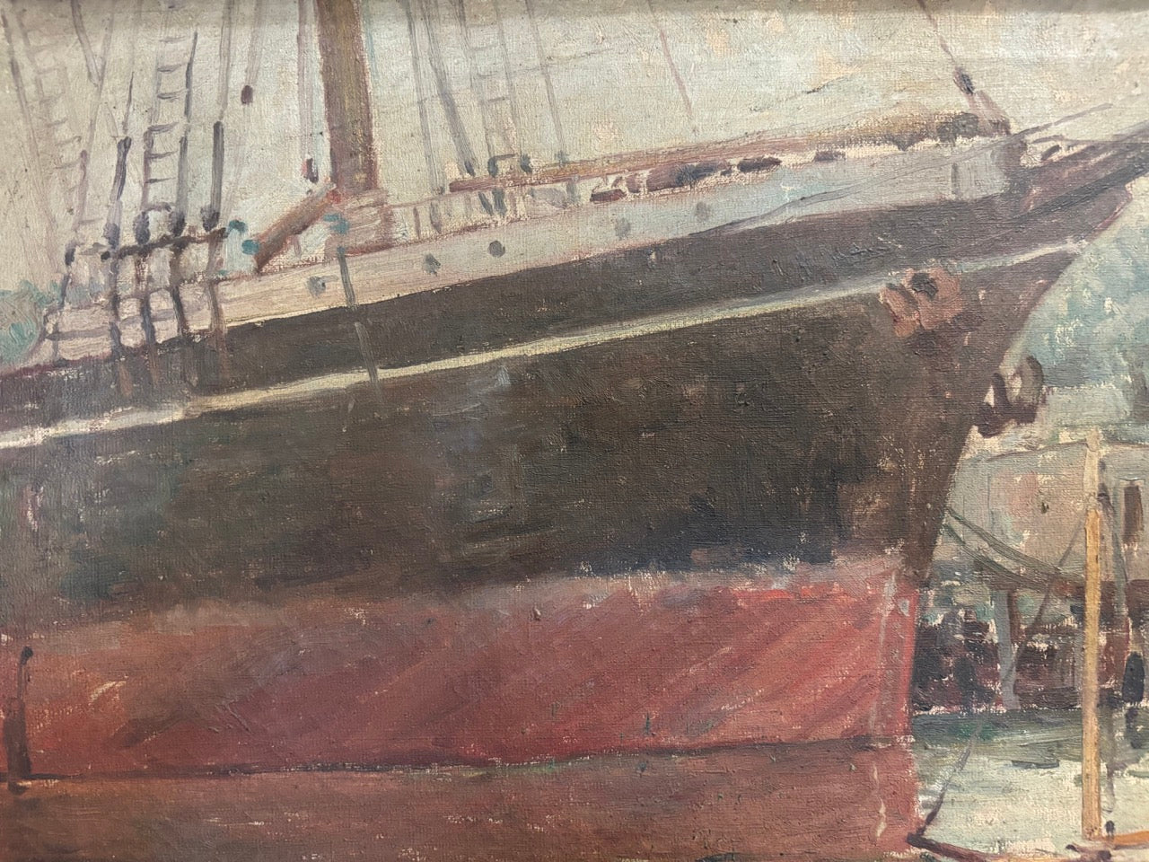 Oil painting of the tall ship Balclutha in San Francisco Bay, signed "Wood"