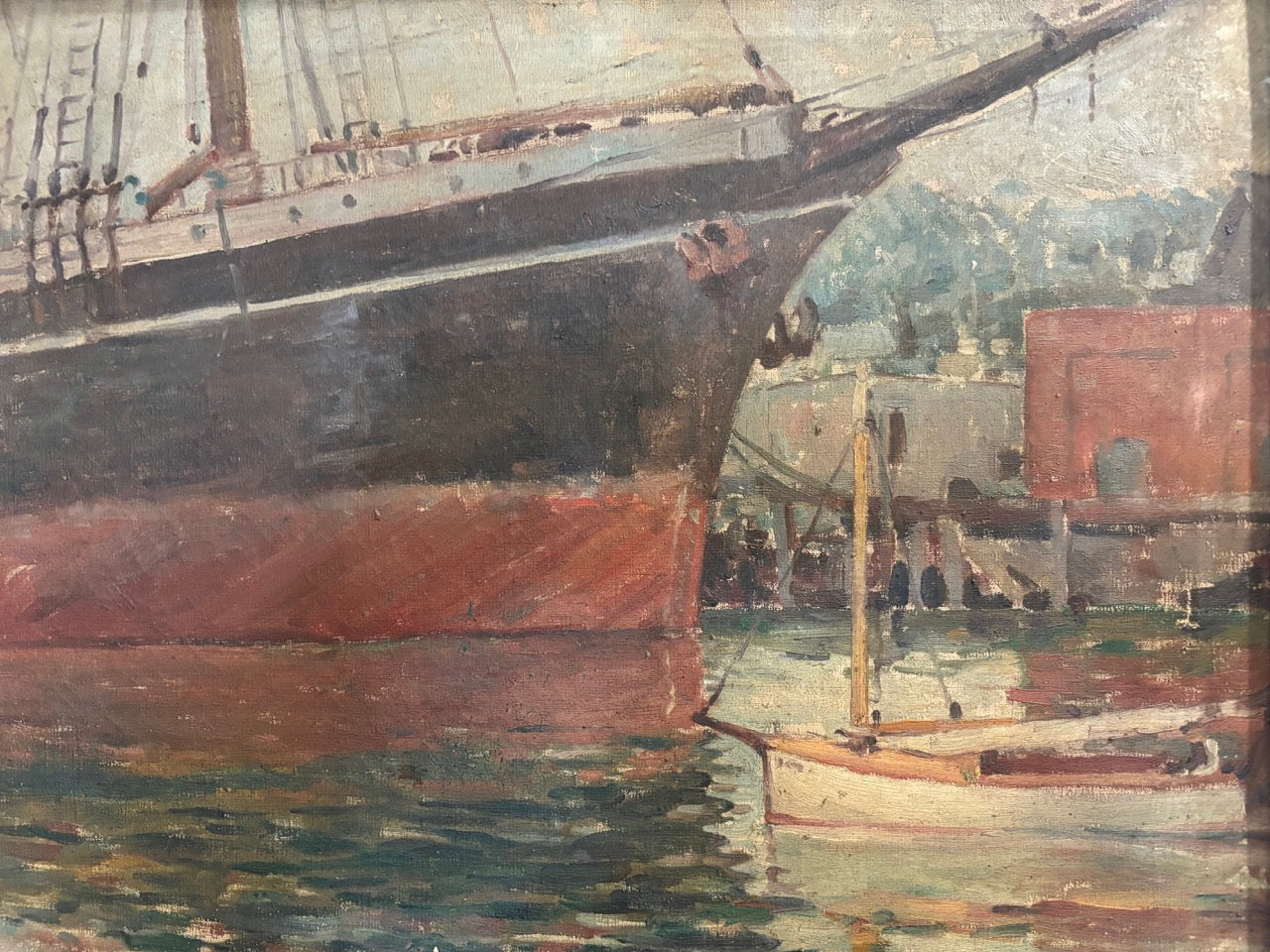 Oil painting of the tall ship Balclutha in San Francisco Bay, signed "Wood"