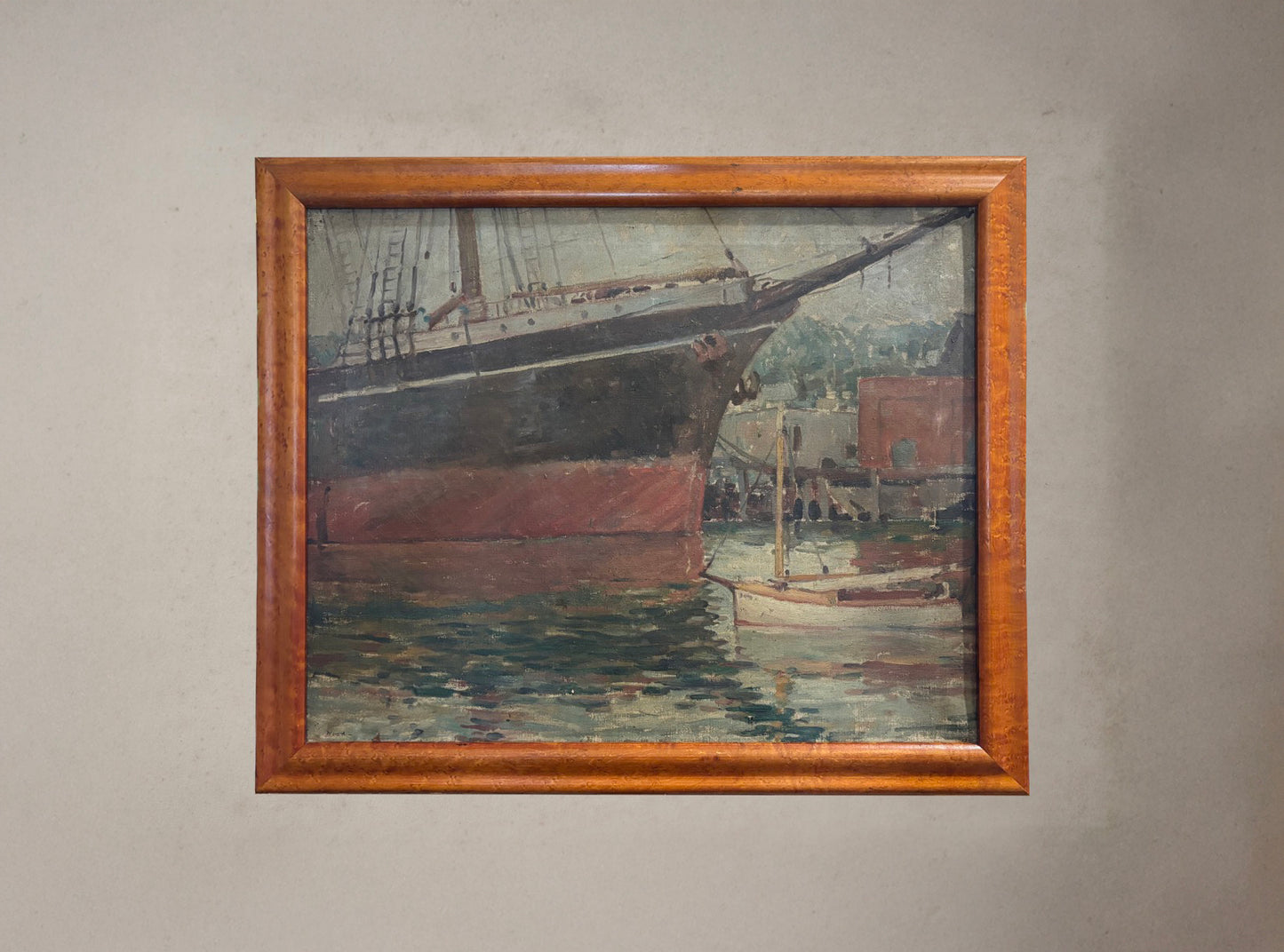 Oil painting of the tall ship Balclutha in San Francisco Bay, signed "Wood"