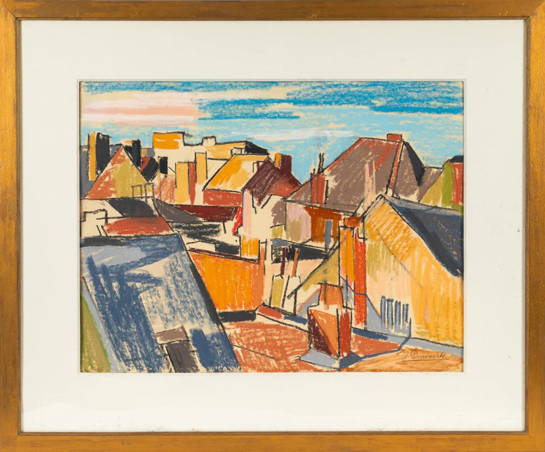 Colorful cubist-style oil pastel of rooftops in a Belgian port town, circa 1890