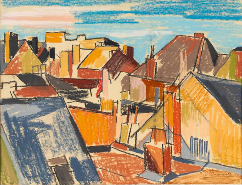 Colorful cubist-style oil pastel of rooftops in a Belgian port town, circa 1890, closeup