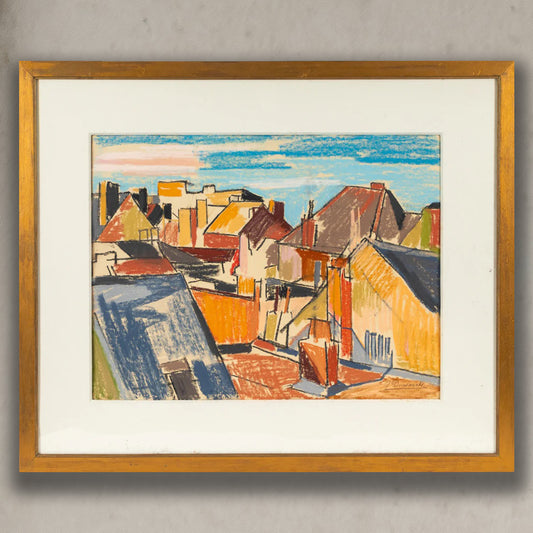 Colorful cubist-style oil pastel of rooftops in a Belgian port town, circa 1890