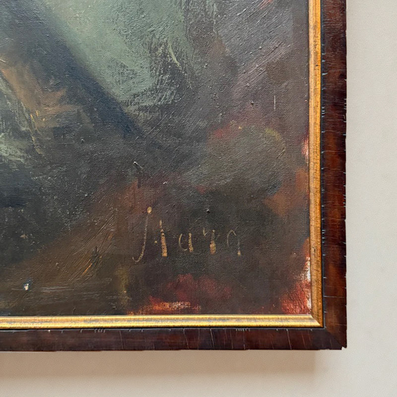 Large 1940 Belgian oil painting of man and woman seated in shadows, signed