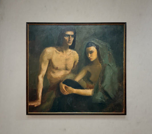 Large 1940 Belgian oil painting of man and woman seated in shadows
