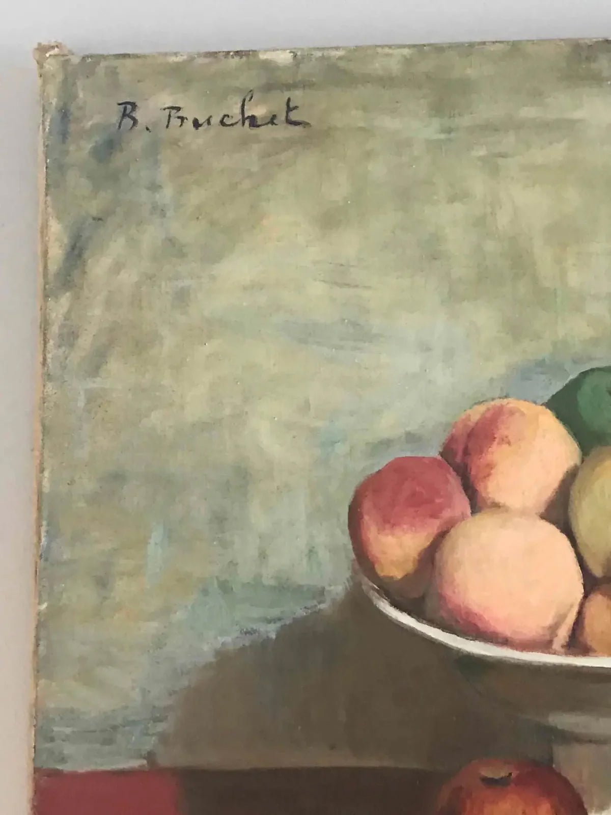 Still life oil painting of fruit in a pedestal bowl by Boris Buchet, early 20th century French, signature