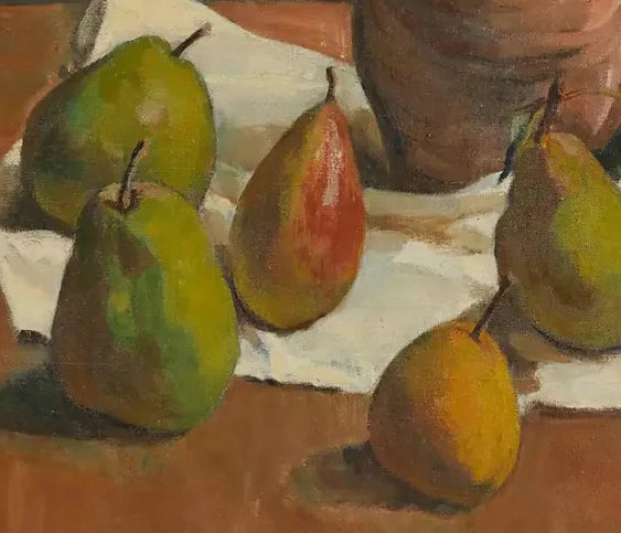 Still life oil painting by Boris Buchet featuring pears and a pitcher on a table, detail