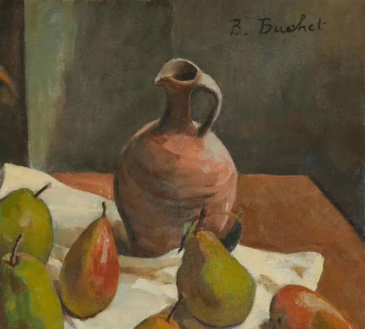 Still life oil painting by Boris Buchet featuring pears and a pitcher on a table, signature
