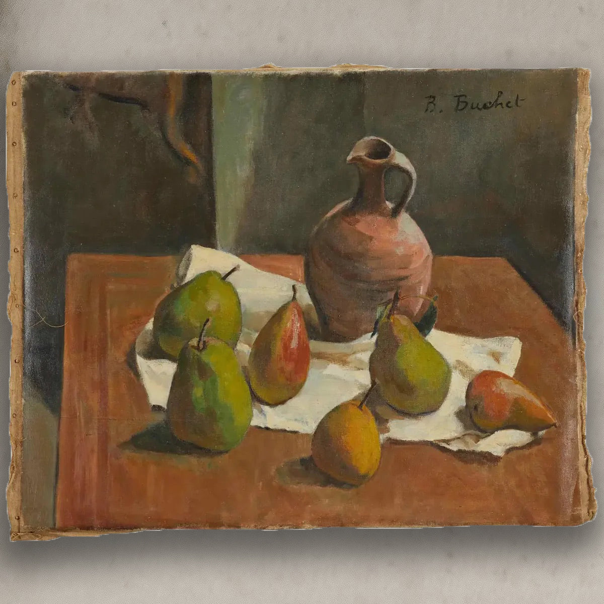 Still life oil painting by Boris Buchet featuring pears and a pitcher on a table