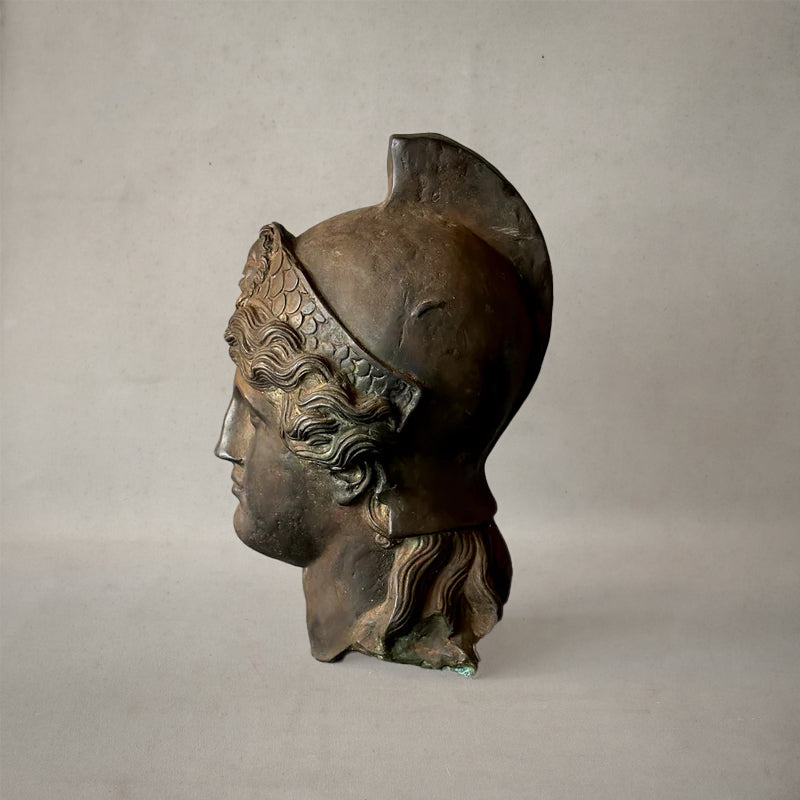 Bronze bust of Minerva wearing crested helmet with lion motif, Italian neoclassical sculpture, circa 1820, left