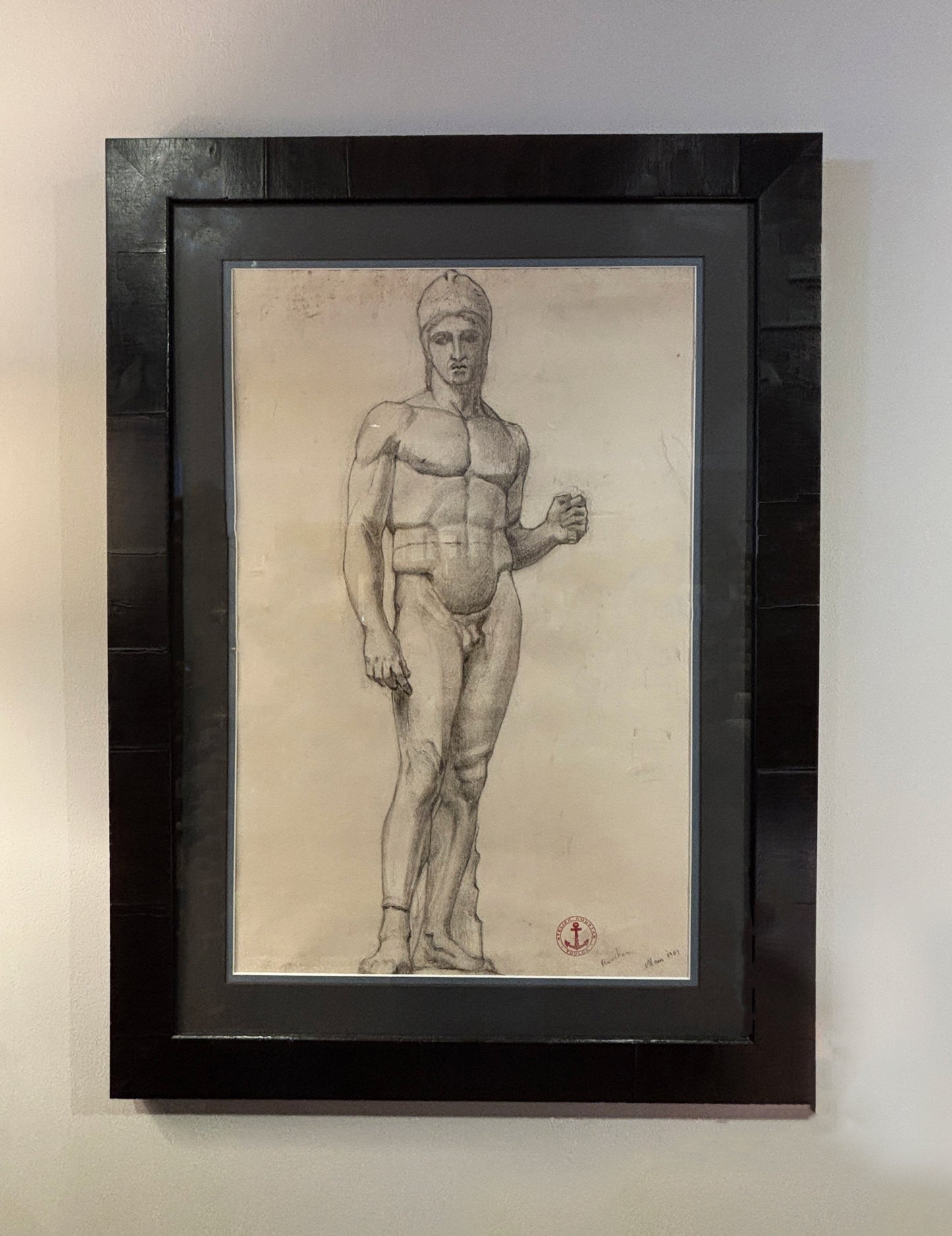 Charcoal drawing of nude warrior with helmet in classical contrapposto, French academic style, 1903