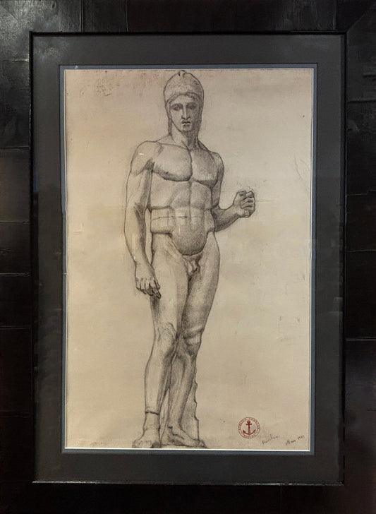 Charcoal drawing of nude warrior with helmet in classical contrapposto, French academic style, 1903 close up