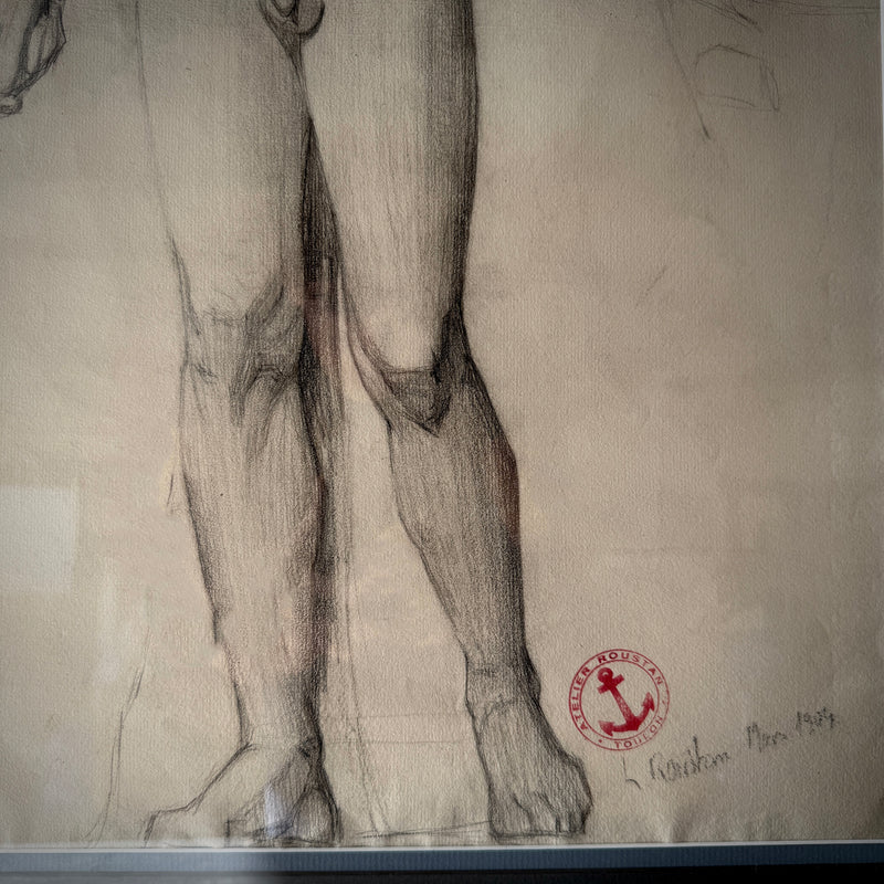 Charcoal drawing of male nude, signed Atelier Roustan, French academic art circa 1900