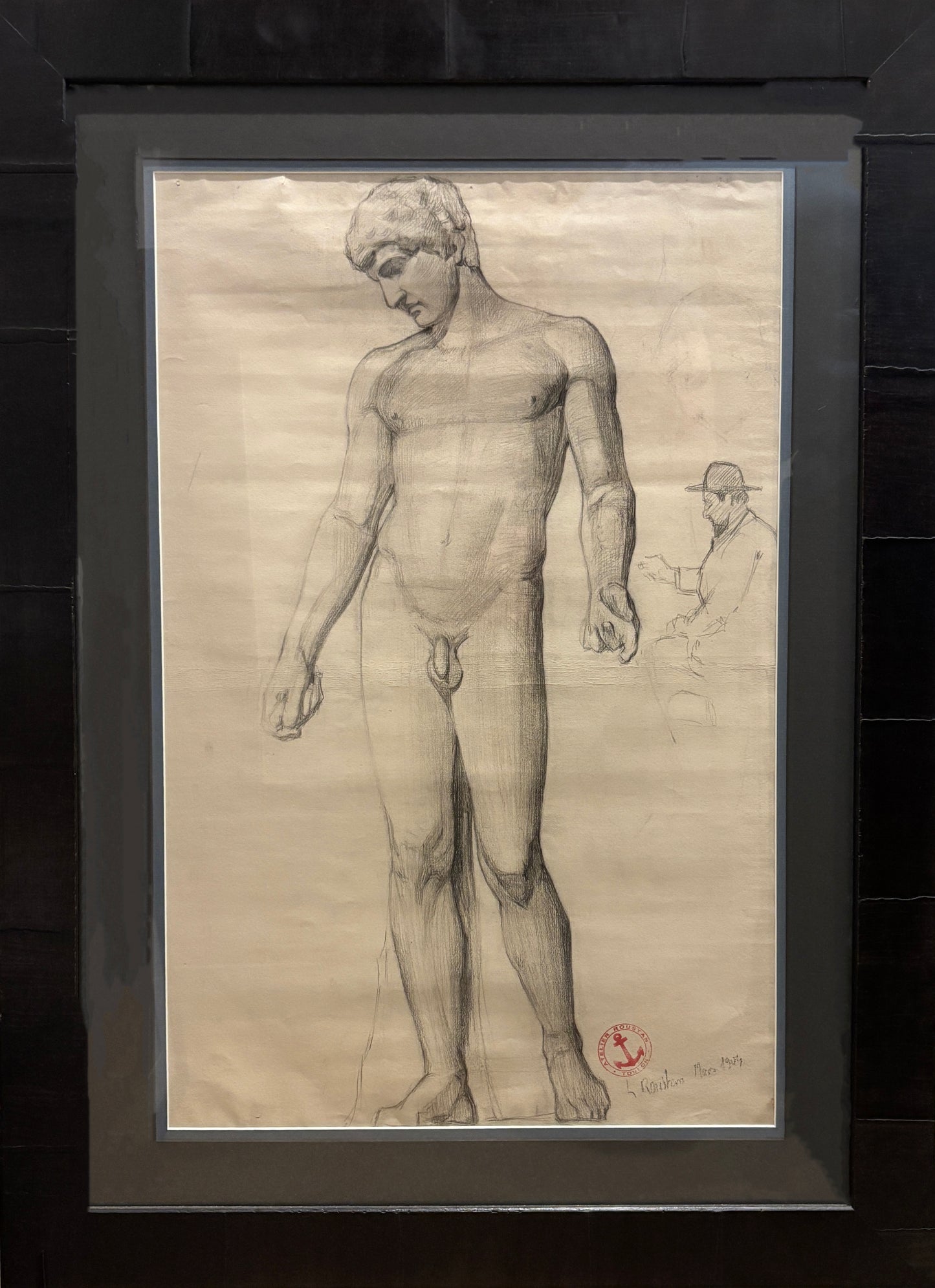 Charcoal drawing of male nude, signed Atelier Roustan, French academic art circa 1900