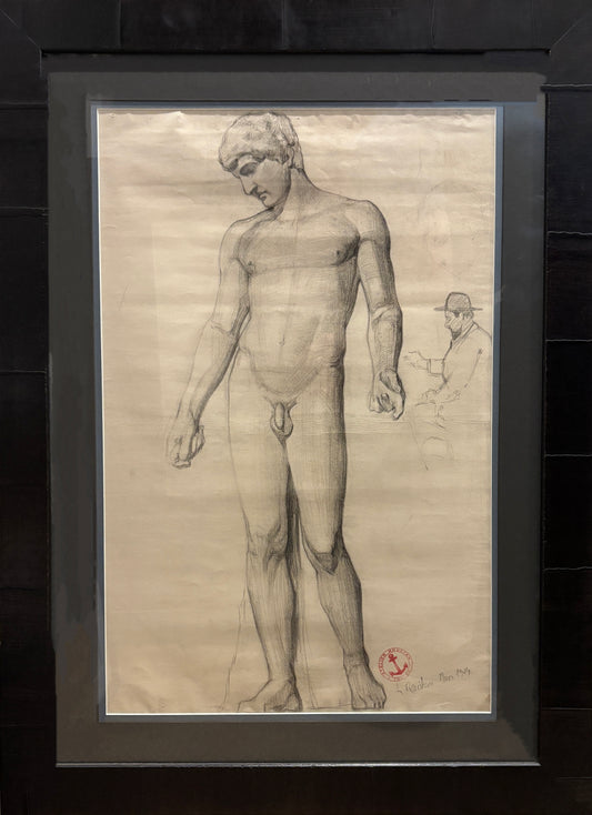 Charcoal drawing of male nude, signed Atelier Roustan, French academic art circa 1900