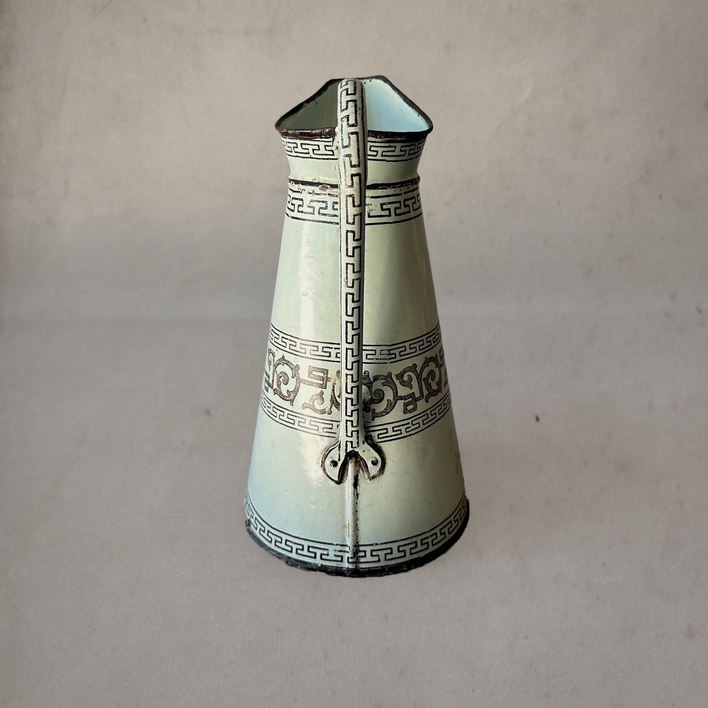 Antique English enameled pitcher with Greek key pattern, celadon green, circa 1880, back