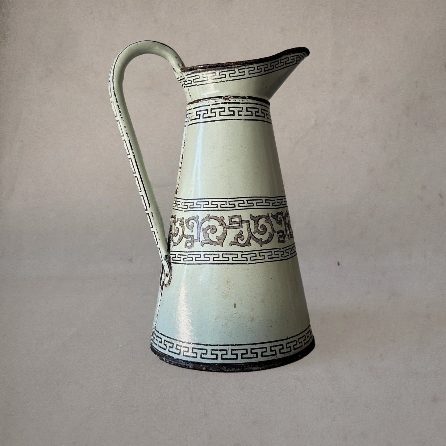 Antique English enameled pitcher with Greek key pattern, celadon green, circa 1880, right